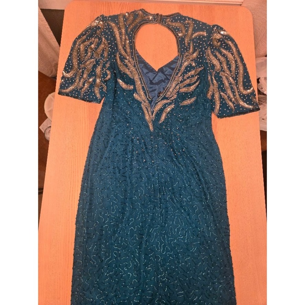 Vintage Silk Beaded Sequin Maxi Dress Teal Gold Keyhole Back Evening Gown Size L - Picture 13 of 13
